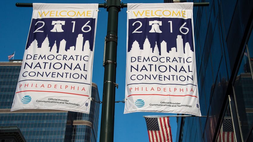 Banners announcing the US Democratic National Convention are displayed in Philadelphia on July 23, 2016, two days before the Democrats gather to formally annoint Hillary Clinton as their candidate for the November presidential election.