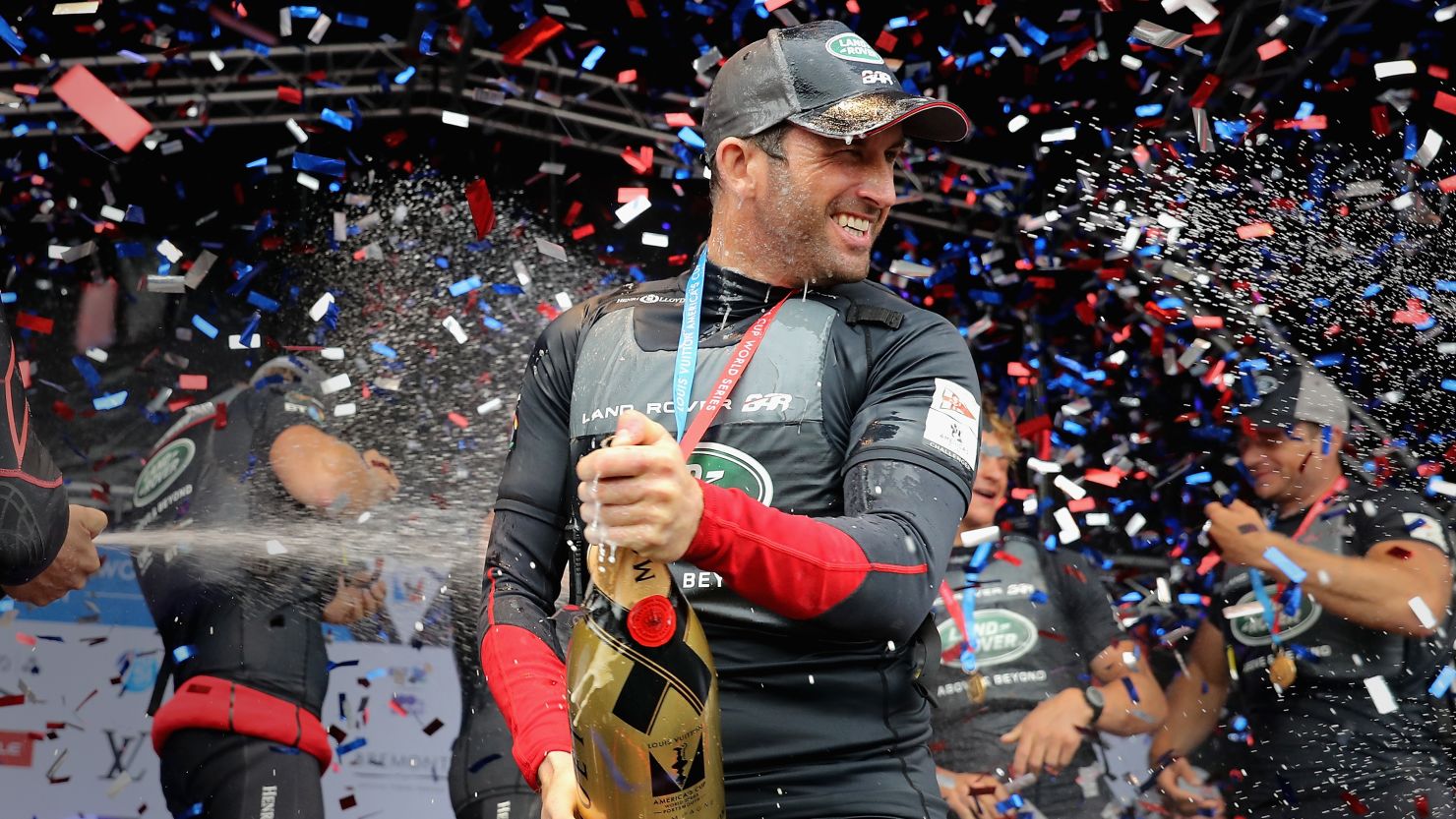 Ben Ainslie Celebrates victory with team Land Rover BAR at the America's Cup World Series in Portsmouth, England.