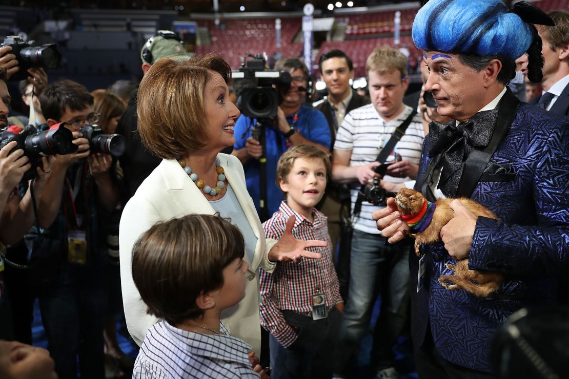 House Minority Leader Nancy Pelosi (D-CA) speaks with Colbert as she visits the floor of the Democratic National Convention at the Wells Fargo Center on July 24, 2016 in Philadelphia, Pennsylvania.