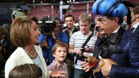 House Minority Leader Nancy Pelosi (D-CA) speaks with Colbert as she visits the floor of the Democratic National Convention at the Wells Fargo Center on July 24, 2016 in Philadelphia, Pennsylvania.