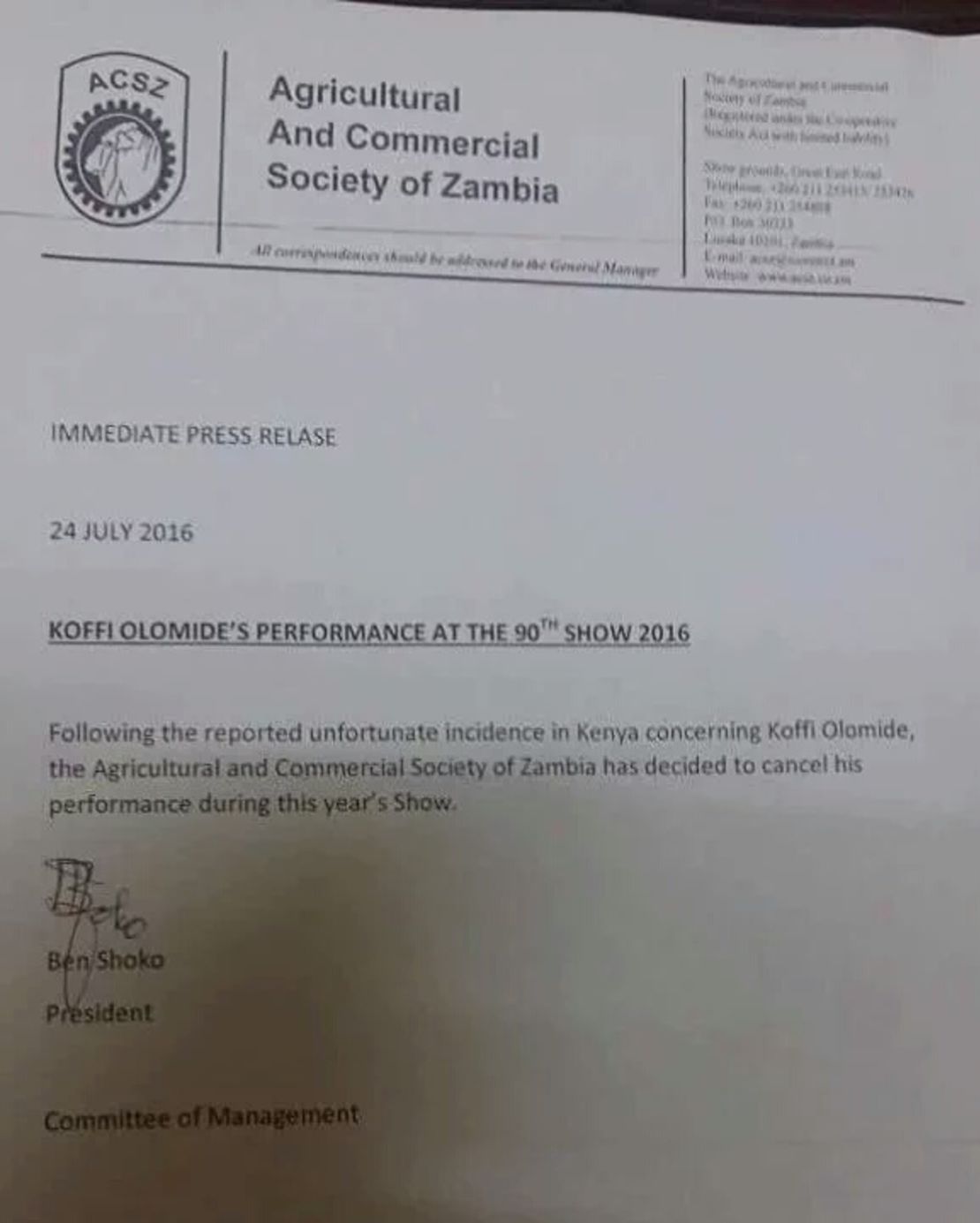 Press release showing cancellation of Olomide's performance in Zambia