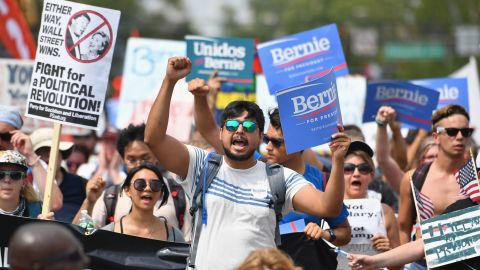 Bernie Sanders supporters march in Philadelphia during the Democratic National Convention in July.