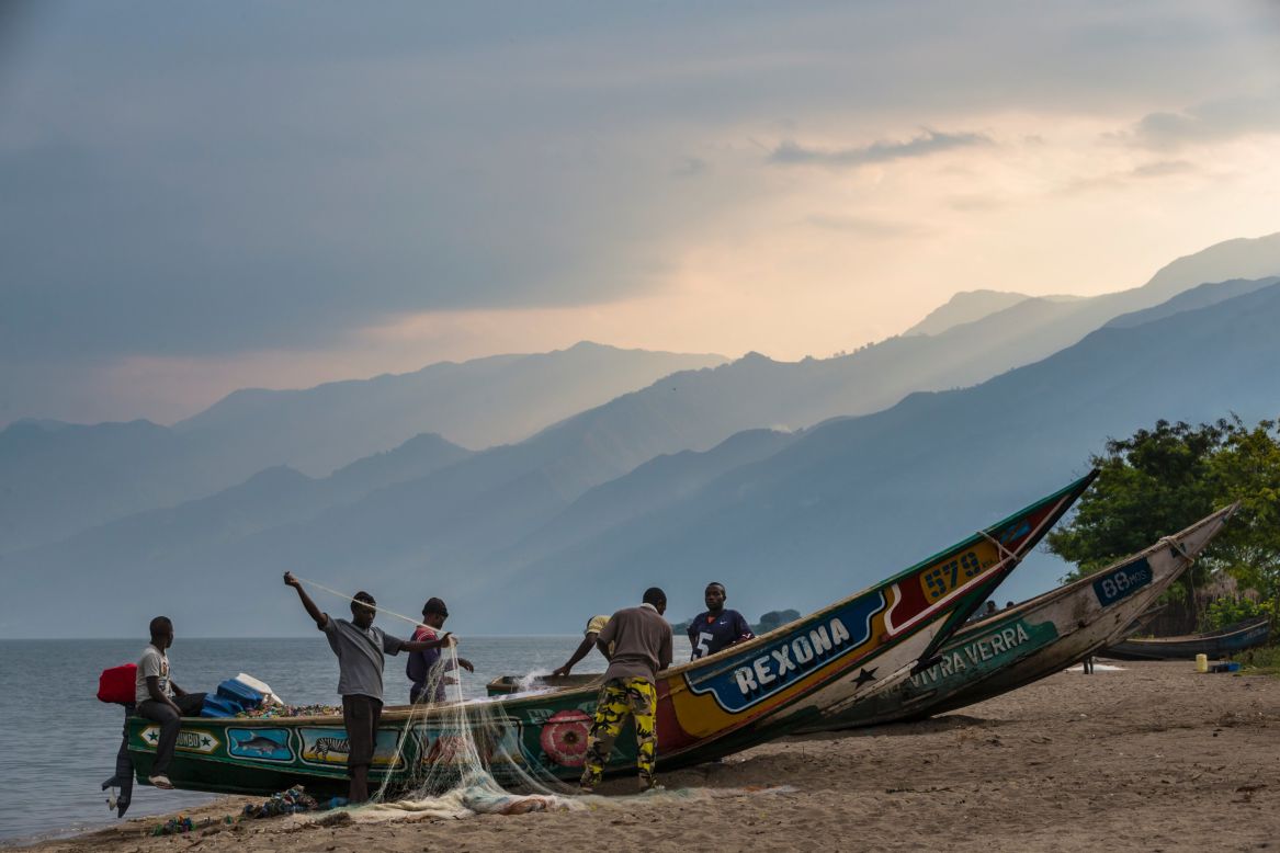 The fishing village of Kavanyongi is part of Virunga National Park. The park has suffered as a result of armed conflict and poachers but is re-establishing itself through international donations.