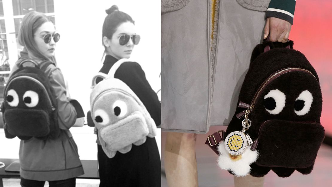 Models Kendall Jenner and Gigi Hadid wear Hindmarch's shearling backpack