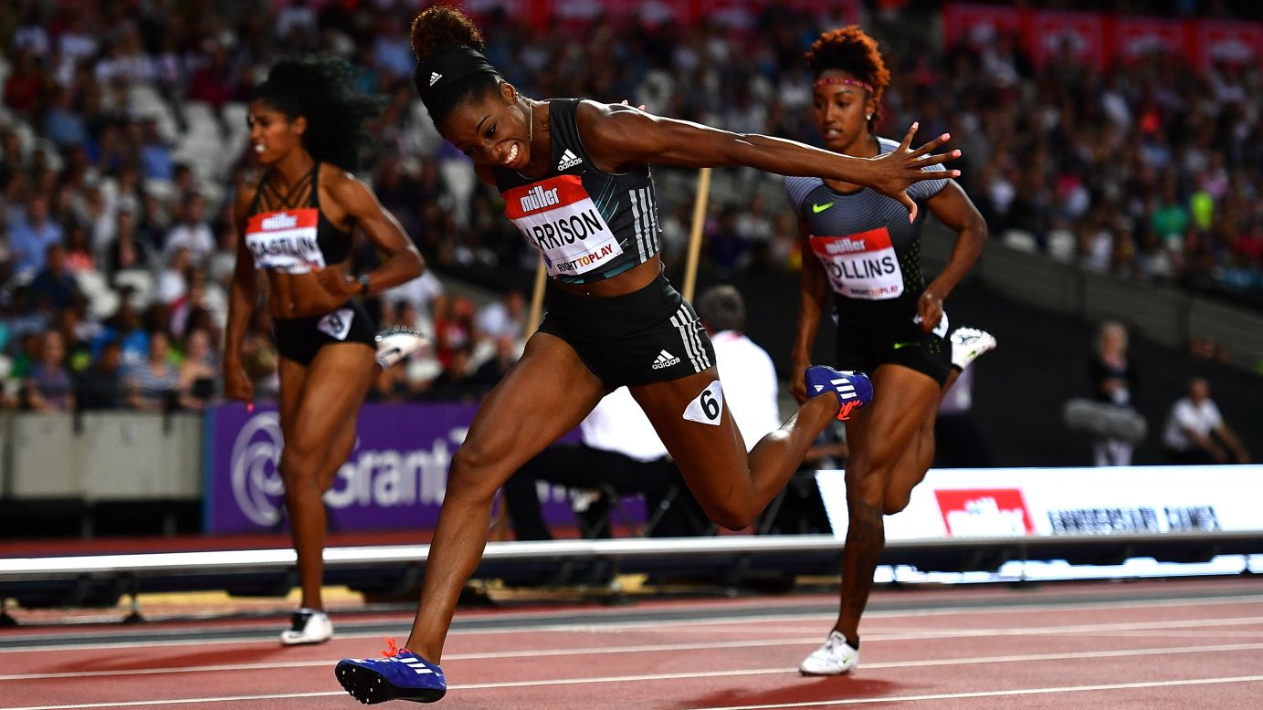 American hurdler Kendra Harrison dips her head as she wins a race Friday, July 22, at the Muller Anniversary Games in London. Harrison broke a world record in the process. She finished the 100-meter hurdles in 12.20 seconds, breaking a mark set in 1988 by Bulgaria's Yordanka Donkova.