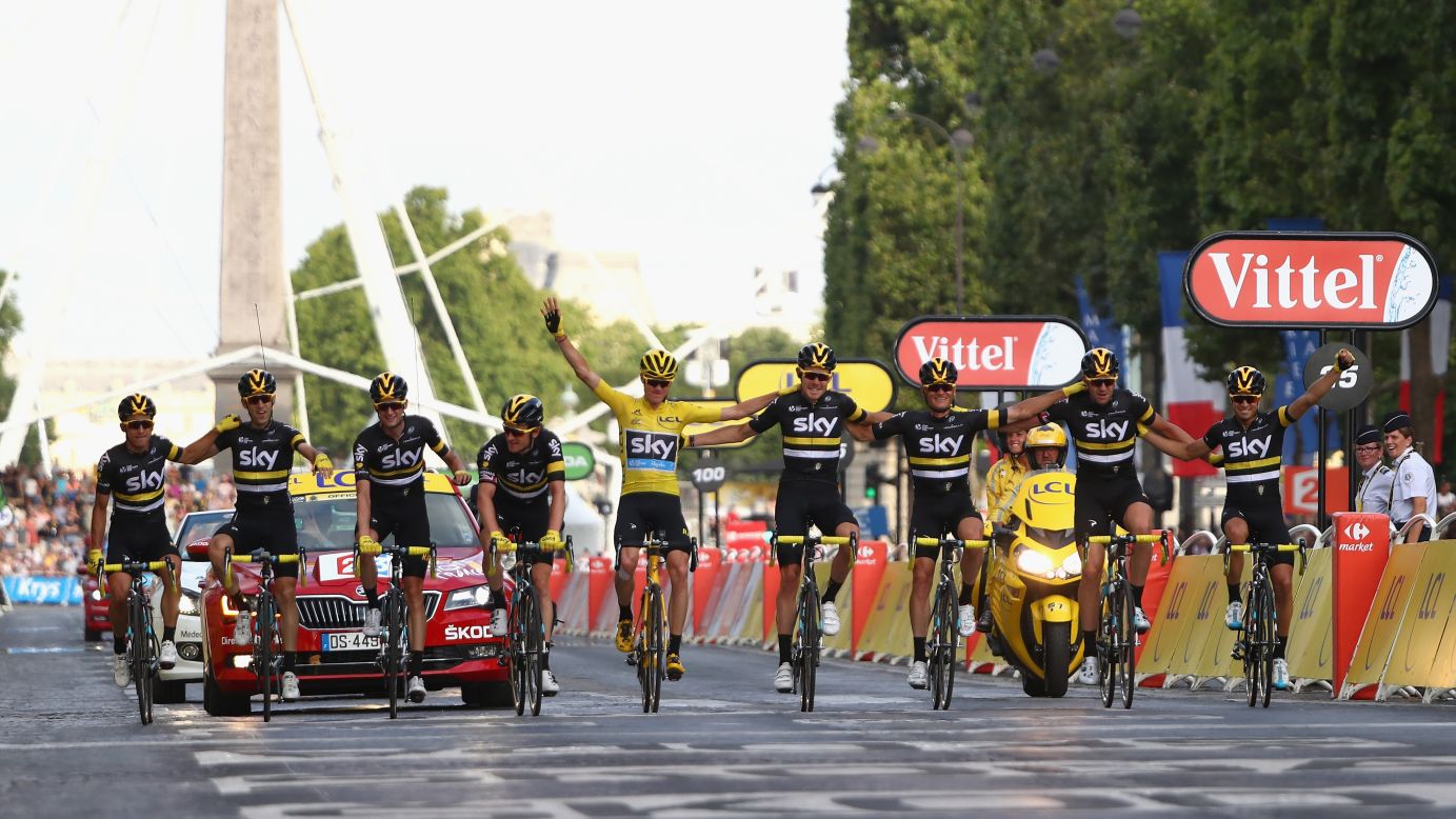 Chris Froome wears the yellow jersey as he and the rest of Team Sky celebrate <a href="http://www.cnn.com/2016/07/24/sport/tour-de-france-2016/index.html" target="_blank">his Tour de France victory</a> on Sunday, July 24. It was the third career victory for Froome, a British rider who also won the Tour in 2013 and 2015.