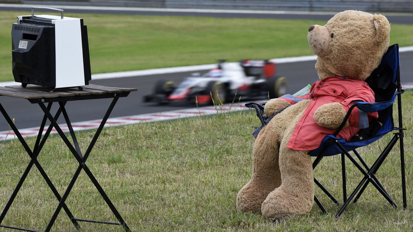 A teddy bear sits by the racetrack Friday, July 22, as practice takes place for the Formula One race in Hungary.