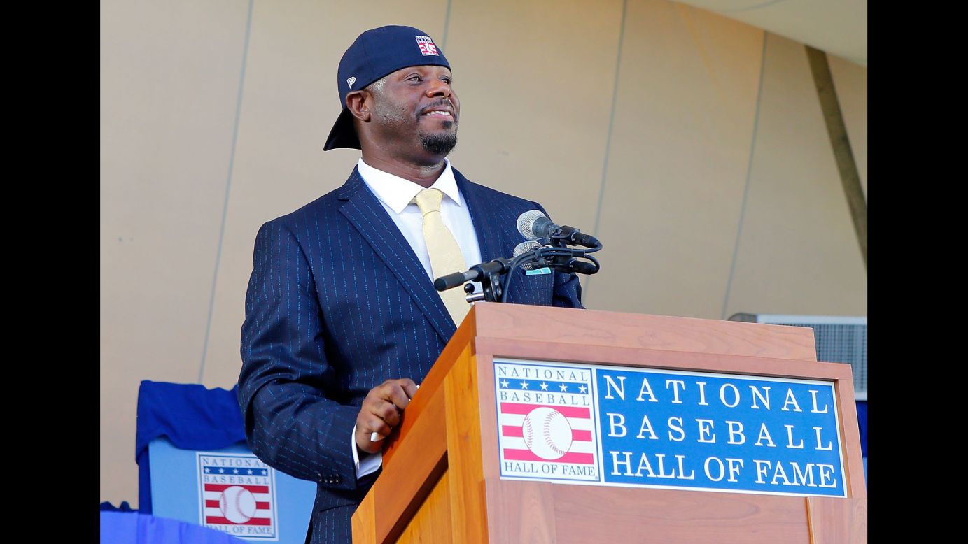 Ken Griffey Jr. wears his iconic backwards hat as he is inducted into the Baseball Hall of Fame on Sunday, July 24. Mike Piazza was also part of the Class of 2016.