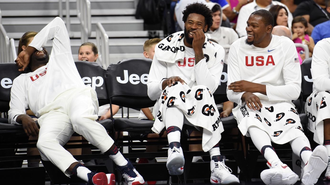 From left, Draymond Green, DeAndre Jordan and Kevin Durant laugh on the bench during the United States' 111-74 victory over Argentina on Friday, July 22. The game in Las Vegas was a tuneup for the upcoming Olympics.