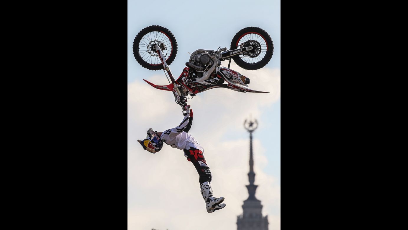 An athlete goes airborne during the Moscow City Games on Saturday, July 23.