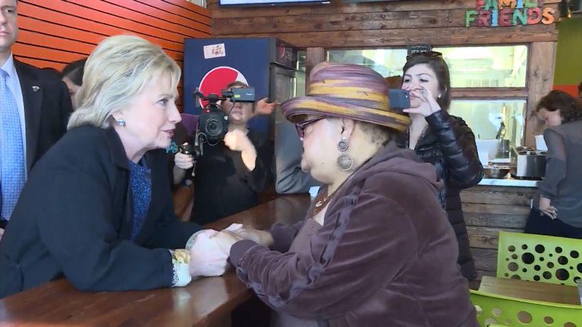 Hillary Clinton at Yo Mamas restaurant in Birmingham, Alabama on February 27.