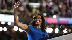 First lady Michelle Obama acknowledges the crowd before delivering remarks on the first day of the Democratic National Convention at the Wells Fargo Center, July 25, 2016 in Philadelphia, Pennsylvania.