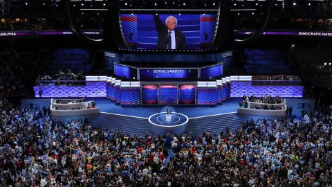 Sanders acknowledges the crowd at the Wells Fargo Center.
