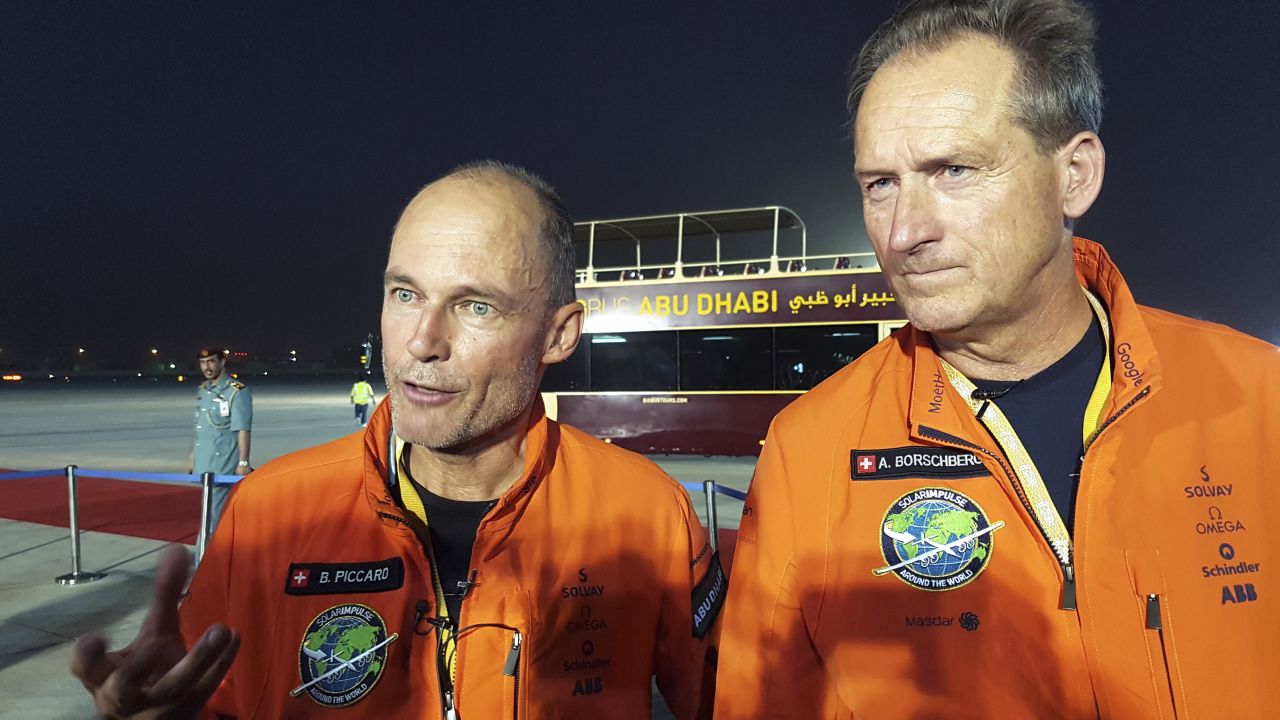 Solar Impulse 2 is piloted by Bertrand Piccard, left, and Andre Borschberg.