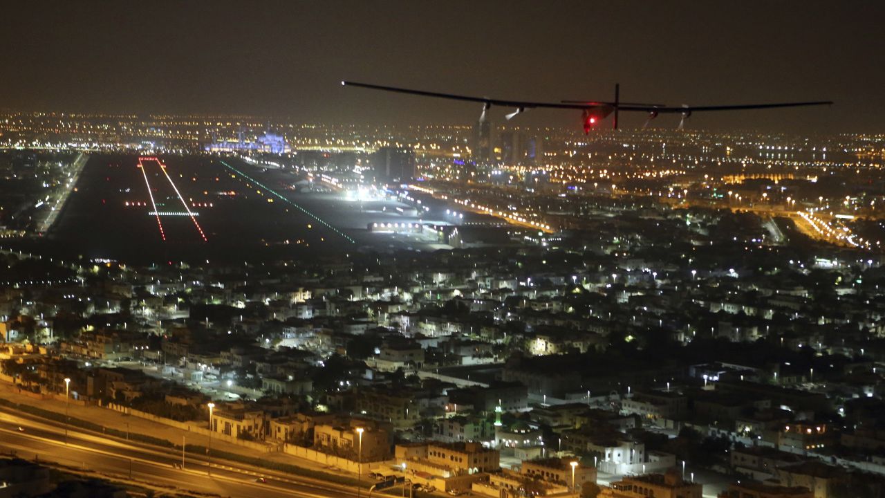The Solar Impulse 2 plane approaches Al Bateen Executive Airport in Abu Dhabi, United Arab Emirates.