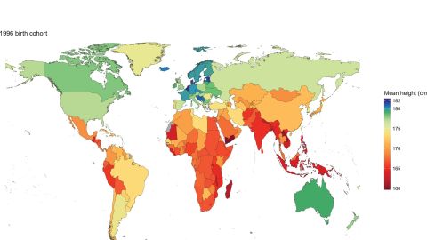 This map shows the distribution of the world's height, according to research published in eLife. 