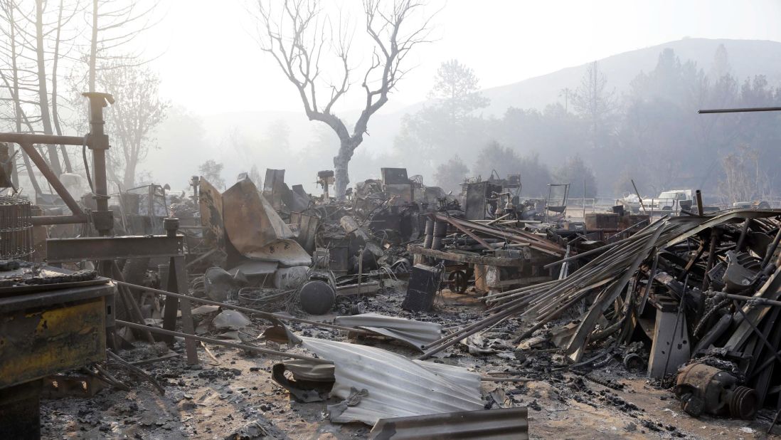 Burned-out film sets at the Sable Ranch. The ranch had Old West-style buildings seen in many movies and television shows.  