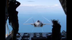 FAIRFORD, ENGLAND - JULY 01:  A F-35B aircraft approaches a KC-130J Super Hercules aircraft to re-fuel as it flies over the North Sea having taken off from RAF Fairford on July 1, 2016 in Gloucestershire, England. On Wednesday, the first of Britain's F-35B Lightning II jets was flown by RAF pilot Squadron Leader Hugh Nichols, on its first transatlantic crossing, accompanied by two United States Marine Corps F-35B aircraft from their training base at Beaufort, South Carolina. The combined US/UK team of aircrew and engineers are here in the UK to demonstrate just what the 5th generation state of the art aircraft can do, flying at the Royal International Air Tattoo and Farnborough International Air Show over the next few weeks. The aircraft are due to enter service with the Royal Navy and RAF from 2018.  (Photo by Matt Cardy/Getty Images)