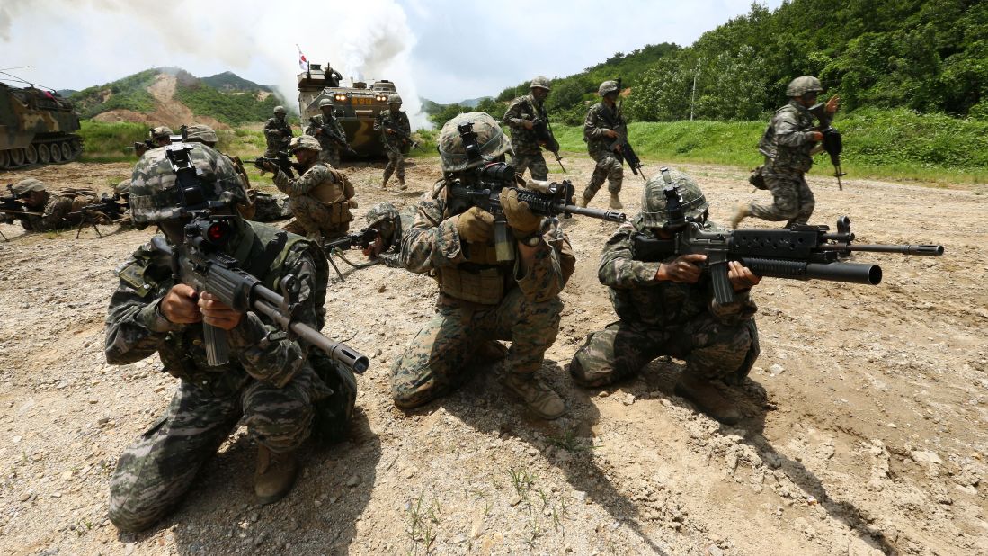 U.S. and South Korean Marines take part in a joint military exercise in Pohang, South Korea, on Wednesday, July 6. 