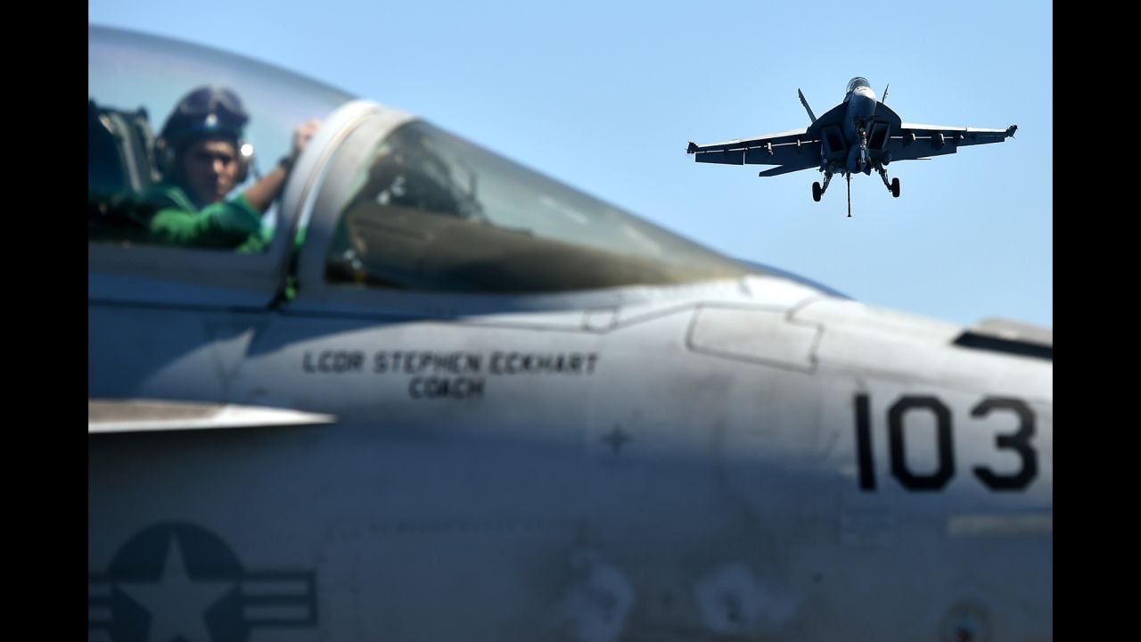 An F/A-18F Super Hornet lands on the USS Dwight D. Eisenhower, which was in the Mediterranean Sea on Wednesday, July 6.