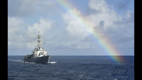 The USS Howard passes through a rainbow while sailing in the Pacific Ocean on Thursday, July 14. <a href="http://www.cnn.com/2016/06/27/politics/gallery/us-military-june-photos/index.html" target="_blank">See U.S. military photos from June</a>