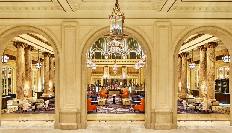 After a recent renovation, San Francisco's iconic Palace Hotel is even more palatial. The common spaces are now furnished with golden atrium ceilings, vintage crystal chandeliers and rich carpets.