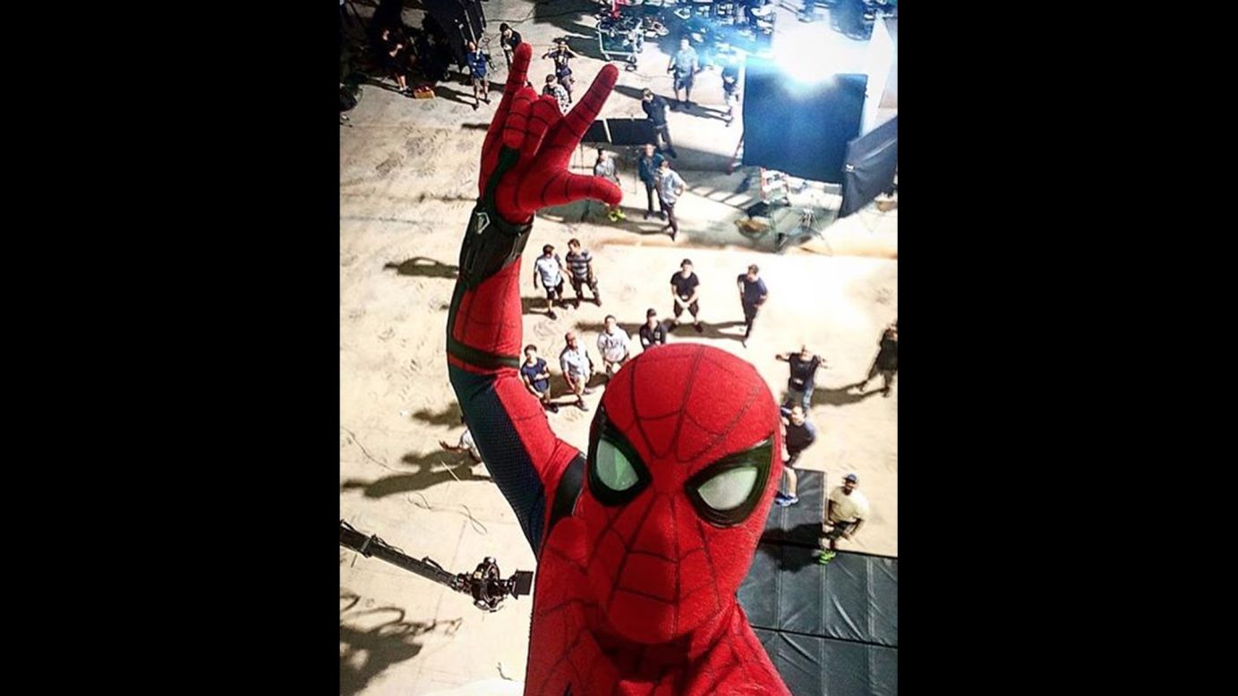 Actor Tom Holland <a href="https://www.instagram.com/p/BHk9CiRjeEr/?hl=en" target="_blank" target="_blank">shares a selfie</a> he took on the set of "Spider-Man: Homecoming" on Thursday, July 7. He said the film would hit theaters in a year.