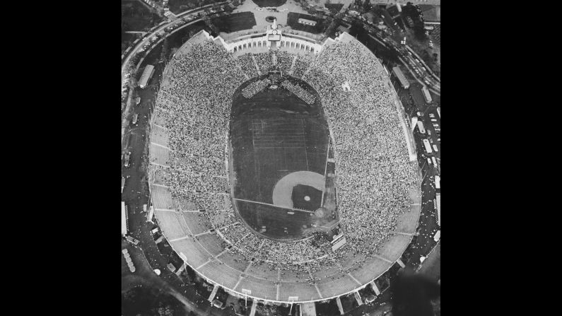 An aerial view of Kennedy's speech at the Coliseum, which was built in 1923 and has hosted Olympic ceremonies, the Super Bowl and numerous other high-profile events.