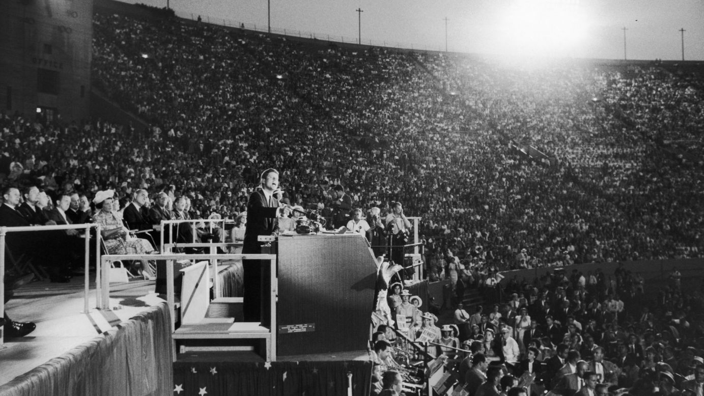 To accommodate a larger crowd, Kennedy's acceptance speech was moved from the Sports Arena to the adjacent Los Angeles Memorial Coliseum. His speech, which became known as "The New Frontier," challenged Americans to a choice "between the public interest and private comfort, between national greatness and national decline, between the fresh air of progress and the stale, dank atmosphere of 'normalcy.' "