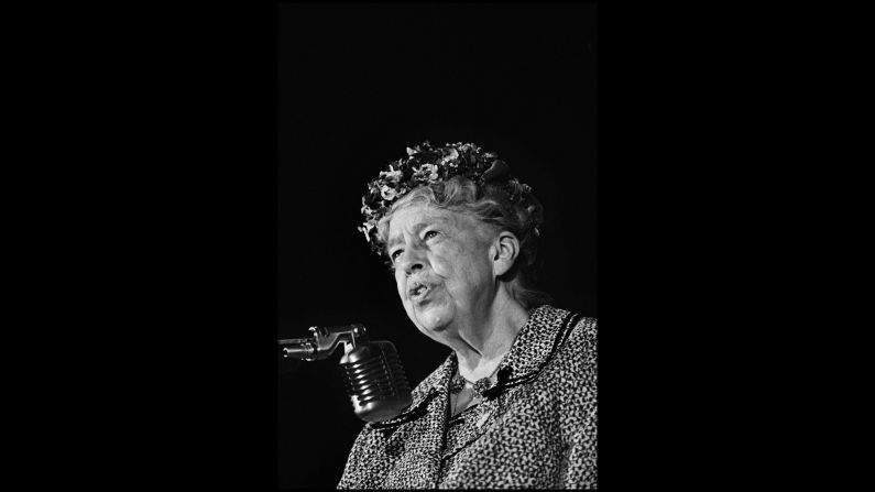 Former first lady Eleanor Roosevelt speaks at the convention. Roosevelt, who had supported Johnson over Kennedy as the nominee, died two years later at the age of 75.