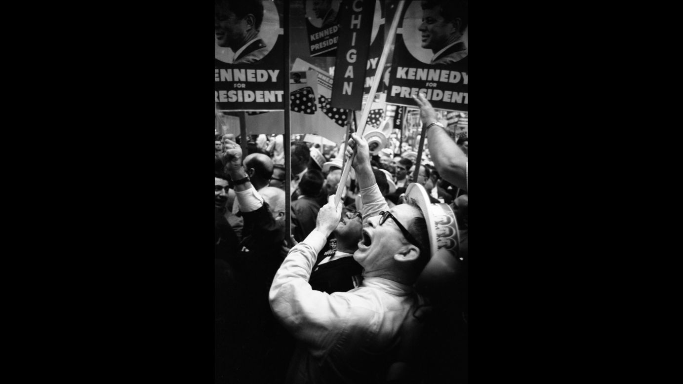 Delegates cheer Kennedy, who won the nomination over a handful of strong rivals including Senate Majority Leader Lyndon B. Johnson, California Gov. Pat Brown, U.S. Sen. Stuart Symington of Missouri, former Illinois Gov. Adlai Stevenson and U.S. Sen. Hubert Humphrey of Minnesota.