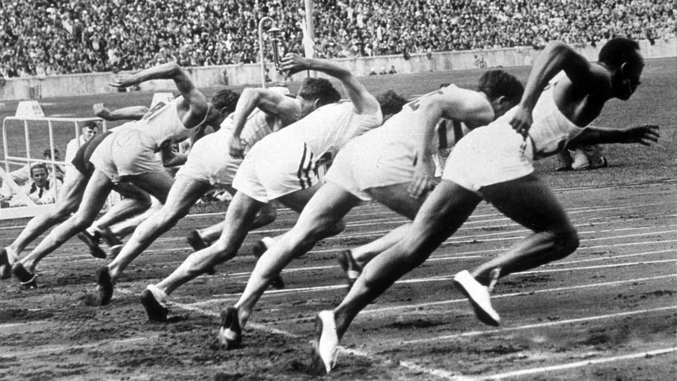 Owens, far right, begins a race at the Berlin Games. The 22-year-old won gold medals in the 100 meters, the 200 meters, the 4x100 relay and the long jump.