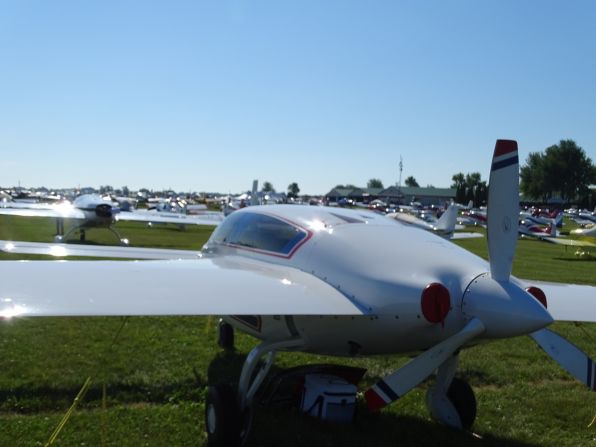 This 2007 kit experimental airplane is called Velocity XL-RG. It's based in Waukesha, Wisconsin. Note its rear propeller, which is designed to push the plane through the air -- unlike forward-mounted props, which pull their planes through the air. 