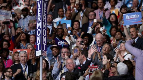 U.S. Sen. Bernie Sanders waves to the crowd after the Vermont delegation cast its roll-call votes Tuesday.