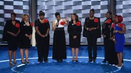 Mothers that have lost children to gun violence, part of the Mothers of the Movement group, take the stage during the second day of the Democratic National Convention at the Wells Fargo Center, July 26, 2016 in Philadelphia, Pennsylvania.
