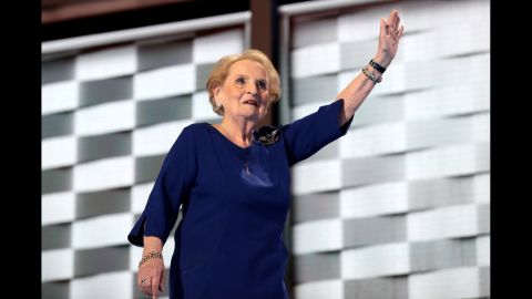 Former U.S. secretary of state Madeleine Albright waves to the crowd after speaking on Tuesday.