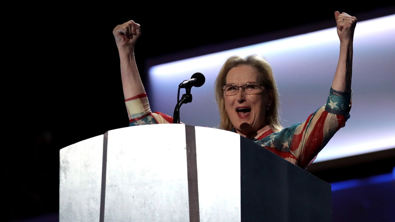 Actress Meryl Streep addresses the crowd before Clinton's video message. Streep said Clinton will be the first female President of the United States, "but she won't be the last."