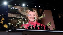 PHILADELPHIA, PA - JULY 26:  A screen displays Democratic presidential candidate Hillary Clinton delivering remarks during the evening session on the second day of the Democratic National Convention at the Wells Fargo Center, July 26, 2016 in Philadelphia, Pennsylvania. Democratic presidential candidate Hillary Clinton received the number of votes needed to secure the party's nomination. An estimated 50,000 people are expected in Philadelphia, including hundreds of protesters and members of the media. The four-day Democratic National Convention kicked off July 25.  (Photo by Drew Angerer/Getty Images)