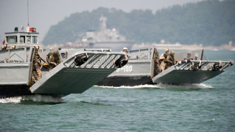 South Korean Navy landing crafts during a 2013 re-enactment of Operation Chromite.
