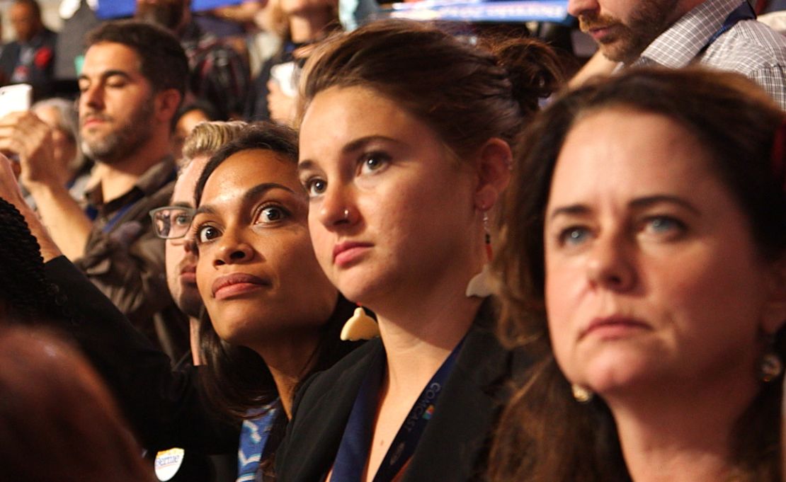 Actresses Shailene Woodley and Rosario Dawson, who are die-hard Sanders supporters, attend the Democratic National Convention.