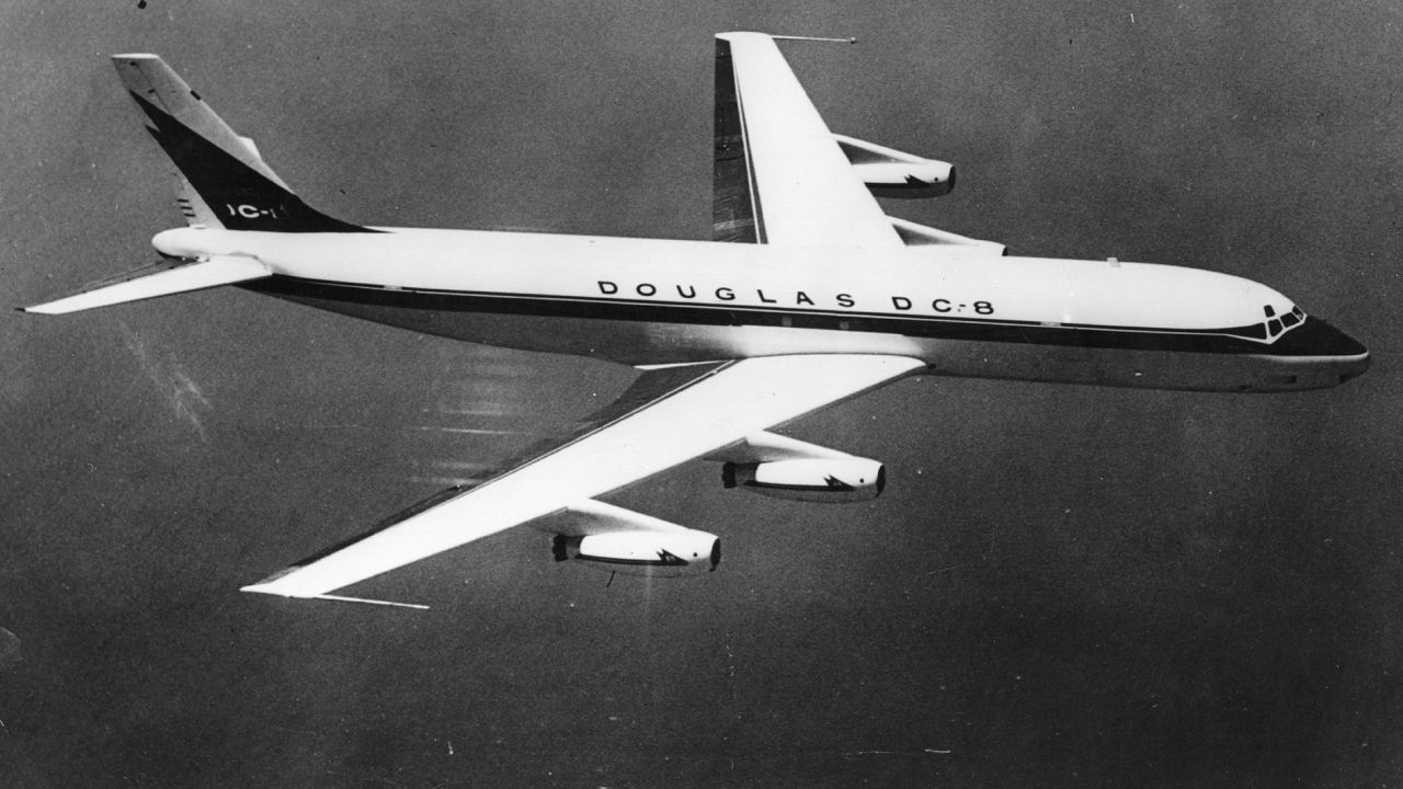 <strong>Douglas DC-8:</strong> In the late 1950s, travelers marveled at the speed and comfort of planes such as the early Douglas DC-8. 
