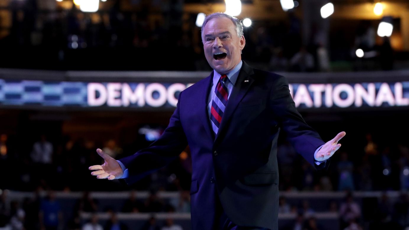 Kaine comes out to the stage on Wednesday.