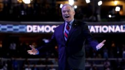 US Vice President nominee Tim Kaine acknowledges the crowd prior to delivering remarks on the third day of the Democratic National Convention at the Wells Fargo Center, July 27, 2016 in Philadelphia, Pennsylvania. Democratic presidential candidate Hillary Clinton received the number of votes needed to secure the party's nomination. An estimated 50,000 people are expected in Philadelphia, including hundreds of protesters and members of the media. The four-day Democratic National Convention kicked off July 25.