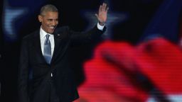 US President Barack Obama acknowledges the crowd as he arrives on stage to deliver remarks on the third day of the Democratic National Convention at the Wells Fargo Center, July 27, 2016 in Philadelphia, Pennsylvania. Democratic presidential candidate Hillary Clinton received the number of votes needed to secure the party's nomination. An estimated 50,000 people are expected in Philadelphia, including hundreds of protesters and members of the media. The four-day Democratic National Convention kicked off July 25.  
