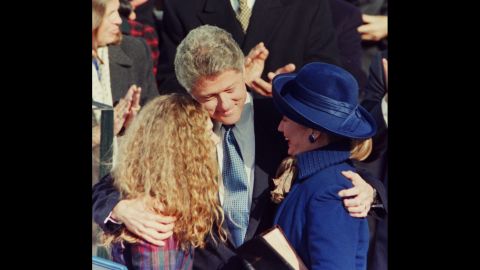 The Clintons hug after Bill was sworn in as the 42nd President of the United States.