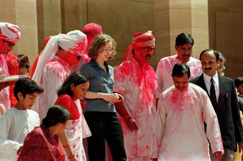 Chelsea walks down the steps of a palace in Jodhpur, India, in March 2000. She visited Jodhpur to watch Holi, the Indian festival of colors, during her father's weeklong tour of South Asia.