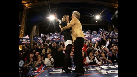 Chelsea hugs her mother, then a presidential candidate, at a rally in New York in February 2008.