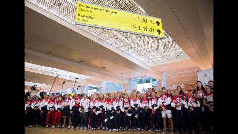 Some of the athletes cleared to compete in Brazil gathered for a ceremony at the airport.