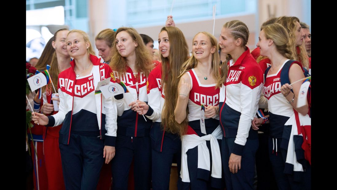 The Russian Olympic team attended a farewell ceremony at Moscow's Sheremetyevo airport in July. Many of the country's athletes won't be at Rio 2016 as a result of the doping scandal that has overshadowed the Olympics.