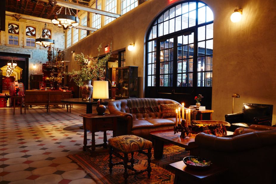 Hotel Emma's lobby is in what was known as the Engine Room in the building's brewery days. An ammonia compressor and original exhaust fans remain as reminders of that era. 